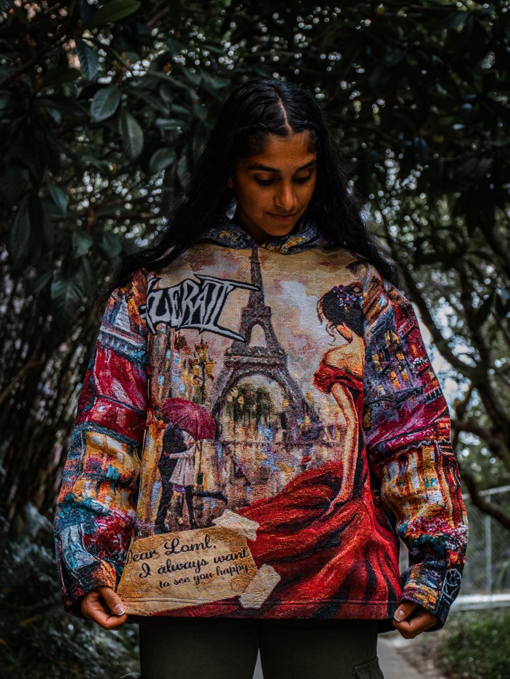 Parisian Art Hoodie with Red Dress Graphic